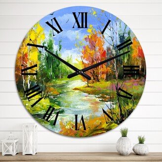 Designart 'Autumn Landscape With River Under A Blue Sky' Country wall clock