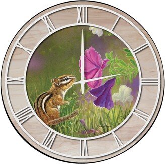 House & Homebody Co. Wall Clock with Natural Woodgrain Accent - Chipmunk in the Garden - White Numbers - 24 x 24