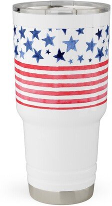 Travel Mugs: Watercolor Stars And Stripes - Red White And Blue Travel Tumbler, 30Oz, Red