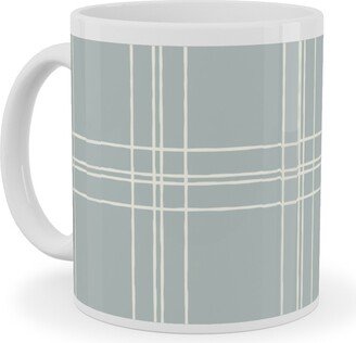 Mugs: Lined Linens - Quad Plaid - Ivory, Blue Ceramic Mug, White, 11Oz, Blue