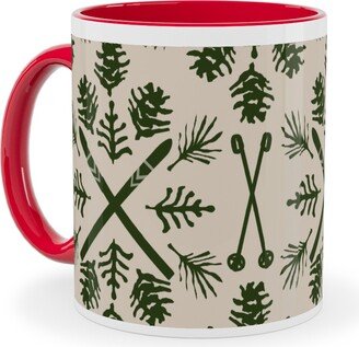 Mugs: Winter Ski Season - Pine And Tan Ceramic Mug, Red, 11Oz, Green