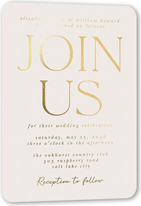 Wedding Invitations: Brightly Joined Wedding Invitation, Beige, Gold Foil, 5X7, Matte, Personalized Foil Cardstock, Rounded