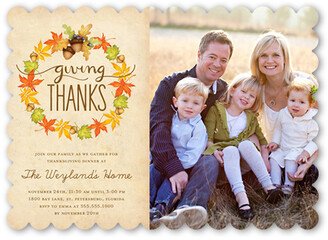 Thanksgiving Invitations: Acorn Wreath Fall Invitation, Beige, Pearl Shimmer Cardstock, Scallop