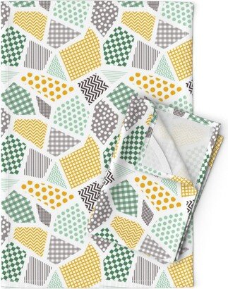 Yellow Gingham Tea Towels | Set Of 2 - Patchy Classics By Anzela Green Check Patchwork Gray White Linen Cotton Spoonflower