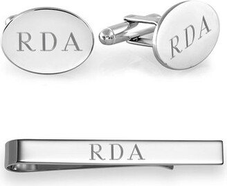 Men's Engravable Tie Bar and Cuff Links Set in Sterling Silver (3 Initials)