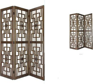 Wooden 3 Panel Room Divider with Intricate Square Design, Brown