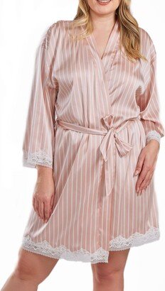 Brillow Plus Size Satin Striped Robe with Self Tie Sash and Trimmed in Lace