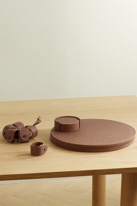 Set Of Six Debossed Leather Placemats, Coasters And Napkin Rings - Brown