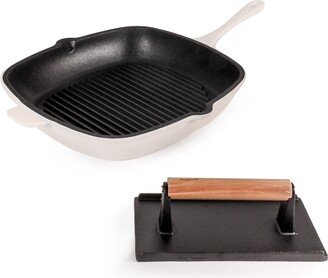 Neo Enameled Cast Iron 2 Piece Grill Pan and Steak Press Set