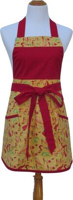 Women's Chili Peppers Full Apron, in A Cute Green, Red & Yellow Cotton With Pleated Front & Optional Personalization