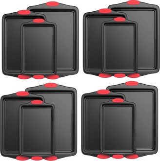 Kitchen Oven Non Stick Gray Coating Carbon Steel 3 Piece Cookie Sheets Bakeware Set with Heat Resistant Red Silicone Handles (4 Pack)