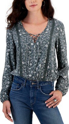 Juniors' Lace-Up V-Neck Crochet-Trimmed Top