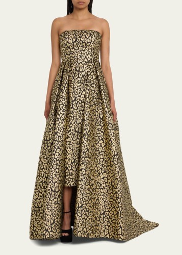 Leopard-Jacquard Strapless Column Gown With Attached Overskirt