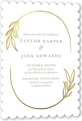 Wedding Invitations: Ornate Oval Wedding Invitation, White, Gold Foil, 5X7, Pearl Shimmer Cardstock, Scallop