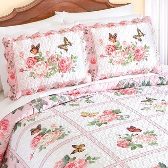 Collections Etc Patchwork Rose and Butterfly Scalloped Edge Pillow Sham Set