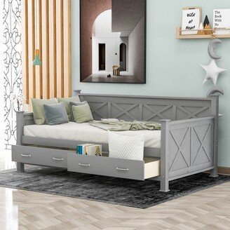 NINEDIN Designs Twin Size Daybed Bed Frame with 2 Large Drawers, X-Shaped Frame, Modern and Rustic Casual Style Daybed, Grey