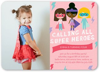 Girl Birthday Invitations: Super Heroes Birthday Invitation, Pink, 5X7, Standard Smooth Cardstock, Rounded