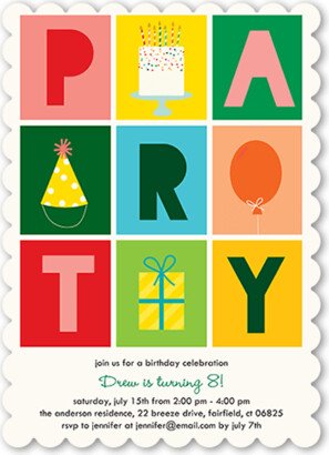 Boy Birthday Invitations: Party Grid Birthday Invitation, Beige, 5X7, Pearl Shimmer Cardstock, Scallop