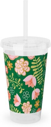 Travel Mugs: Fiesta Flowers - Green Acrylic Tumbler With Straw, 16Oz, Green