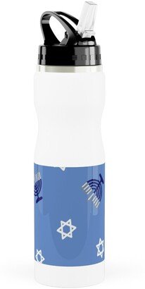 Photo Water Bottles: Hanukkah - Blue Stainless Steel Water Bottle With Straw, 25Oz, With Straw, Blue