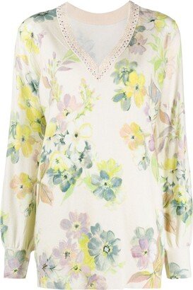 floral-print V-neck jumper-AB