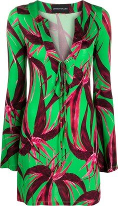 leaf-print V-neck minidress