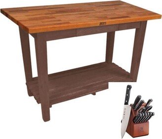 Oak 60x30 Butcher Block w/ Shelf & Casters & Henckels Knife Set