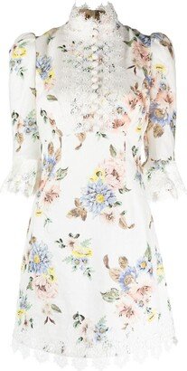 Applique floral-print linen dress