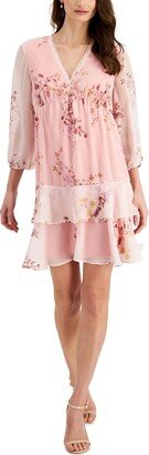 Petites Womens Floral Print Above Knee Fit & Flare Dress