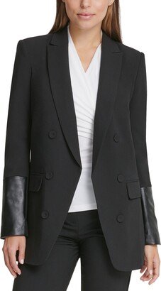 Petite Mixed-Media-Sleeve Open-Front Peak-Collar Blazer