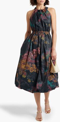 Leyna gathered printed taffeta midi dress