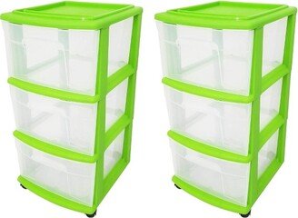 Homz Clear Plastic 3-Drawer Medium Home Organization Storage Container Tower w/3 Large Drawers and Removeable Caster Wheels, Lime Green Frame (2 Pack)