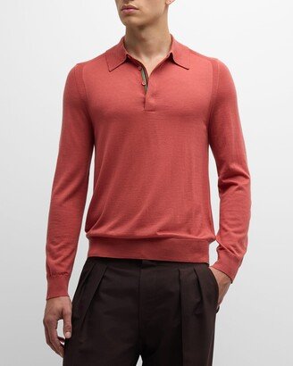 Men's Concealed-Placket Wool Knit Polo Shirt