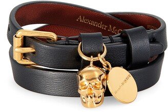 Skull Charm Leather Double Wrap Bracelet