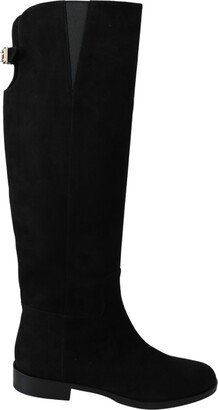 Black Suede Knee High Flat Boots Women's Shoes