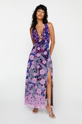 Floral Strappy Back Side Split Maxi Dress - Purple