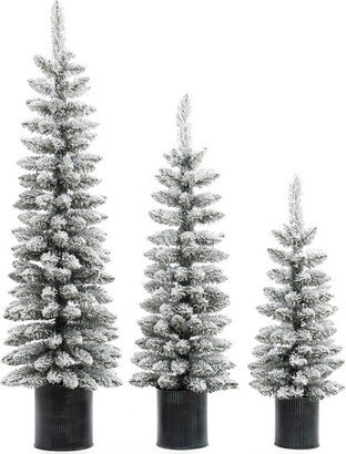 LuxenHome Set of 3 Snow-Flocked Christmas Trees with Metal Pots White