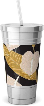 Travel Mugs: Art Nouveau Anthuriums - Black Mustard And Pale Peach Stainless Tumbler With Straw, 18Oz, Multicolor