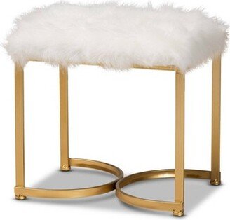 Gwyn Glam and Luxe Faux Fur Upholstered and Metal Ottoman White/Gold