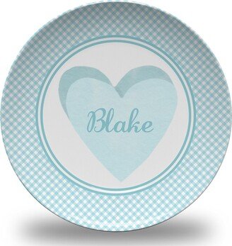 Personalized Aqua Blue Heart Valentine Gingham Plate - Microwave Safe Conversation Hearts