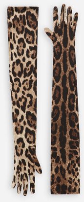 Long leopard-print stretch satin gloves