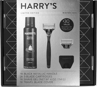 Harry's Holiday Gift Set for Men — Black Metallic Handle + 2ct Razor Blade Cartridges + Travel Blade Cover + 1 Foaming Shave Gel