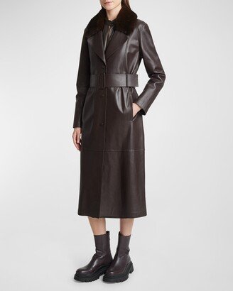 Belted Leather Trench Coat with Shearling Collar-AA