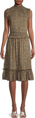 Smocked Cheetah-Print Knee-Length Dress