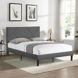 DECO Queen Size Upholstered Platform Bed Frame with Headboard, Strong Wood Slat Support, Mattress Foundation, No Box Spring Needed