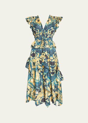 Avia Printed Silk Tiered Midi Dress-AA