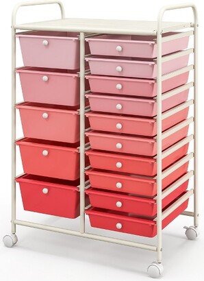 Tangkula 15 Drawer Rolling Storage Cart Opaque Multicolor Drawers Home Organizer Mixed Pink