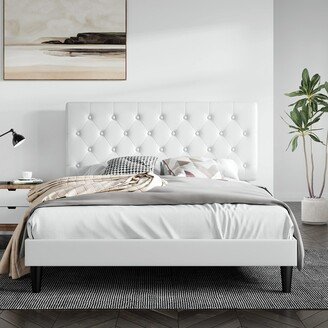 EPOWP Full Size Bed Frame with Button Tufted Headboard, Faux Leather Upholstered Mattress Foundation, Platform Bed Frame