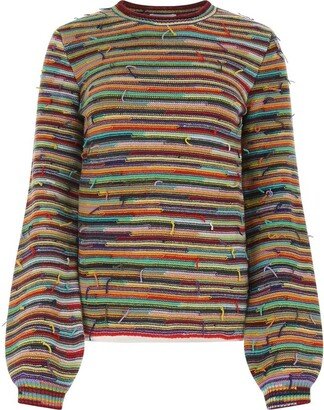 Rainbow-Striped Frayed Detailed Crewneck Sweater