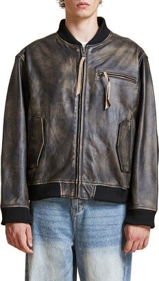 Distressed Leather Bomber Jacket